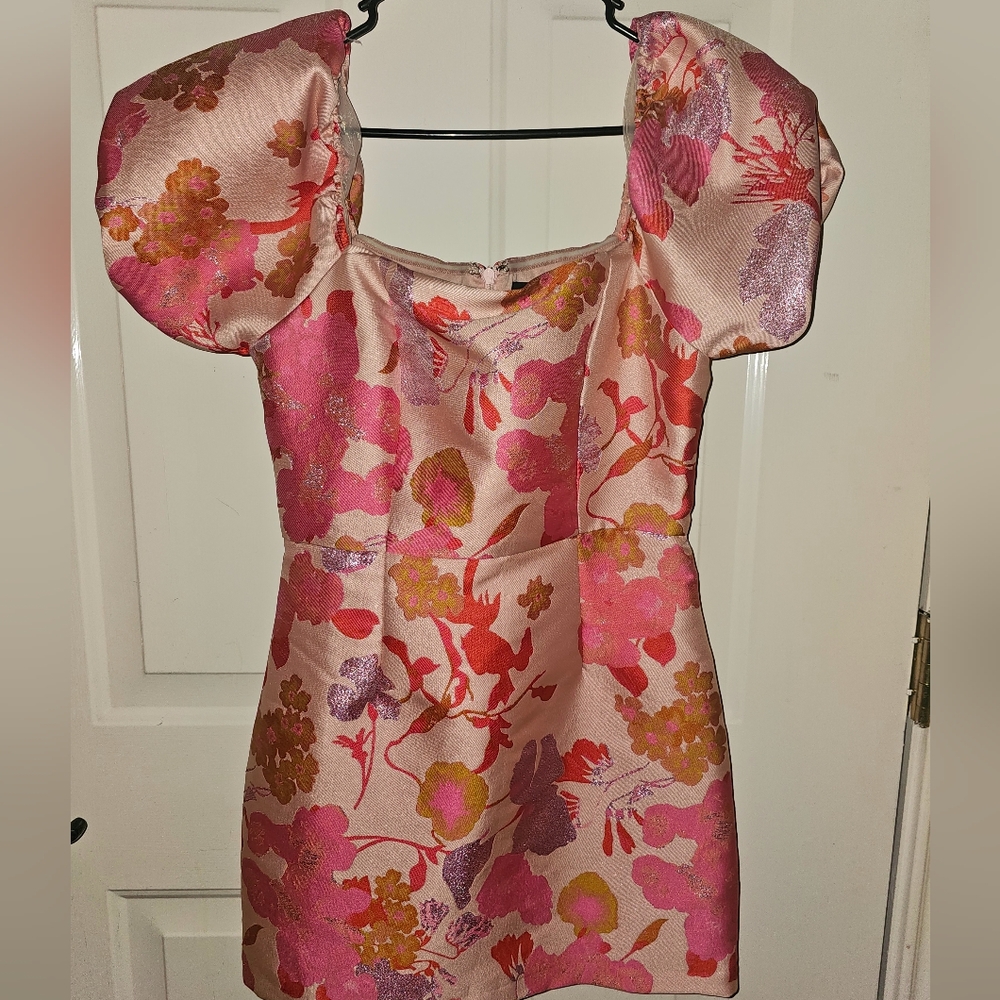 Lulus Pink Orange Multi Floral Jacquard Puff Sleeve Mini Dress